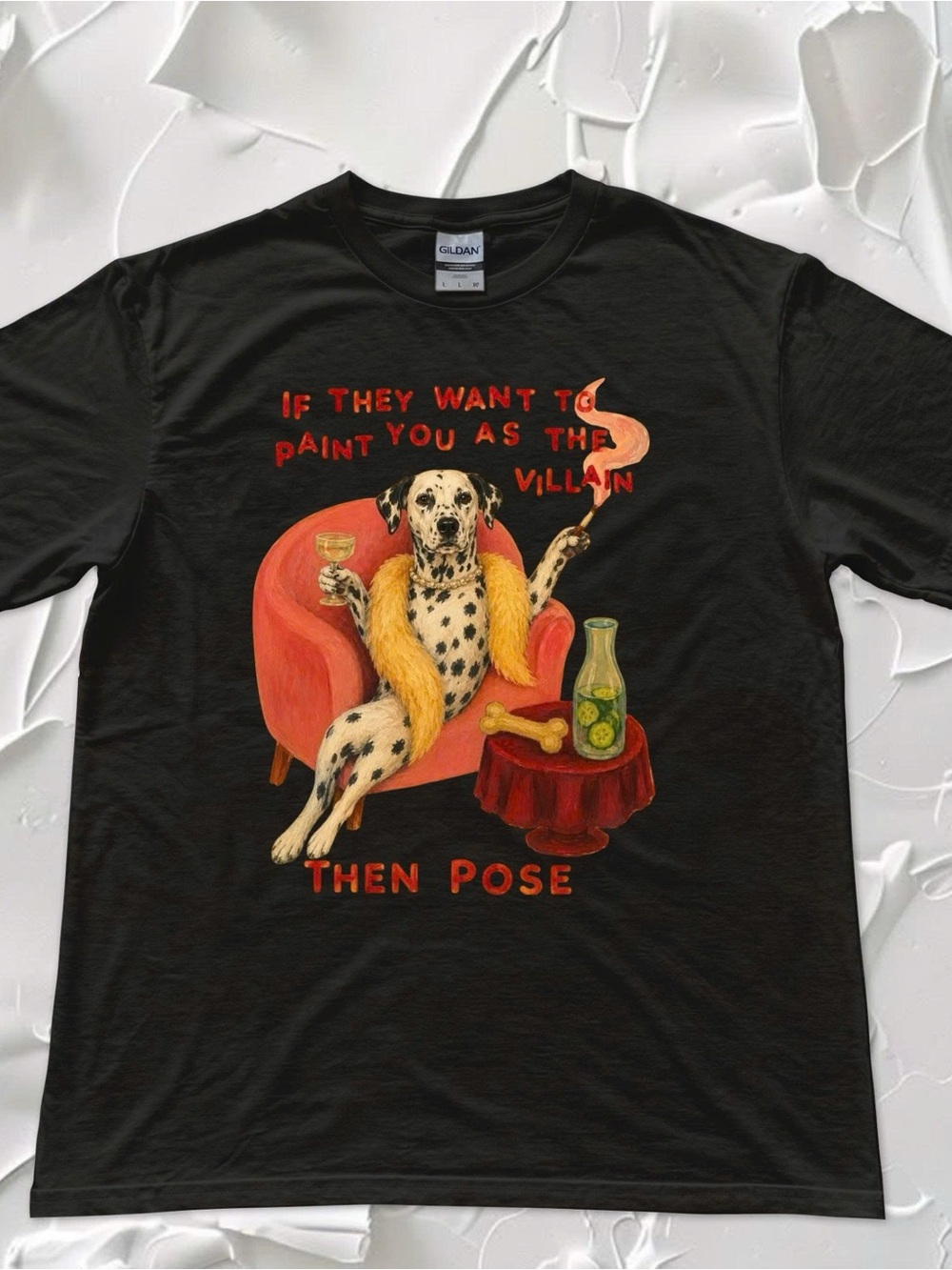 Gildan Black Tee with Dalmatian Graphic in Red and Gold Accents